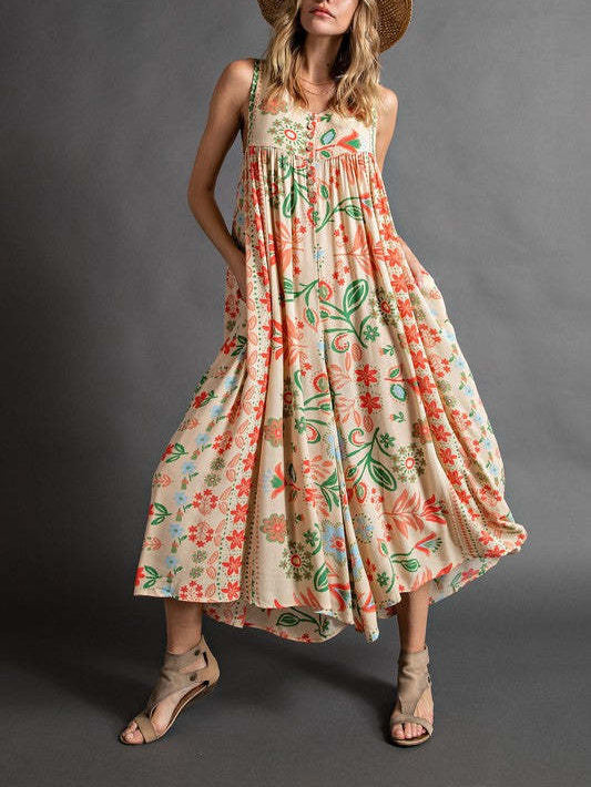Rosavine™ | Vintage Print Jumpsuit with Loose Sleeves