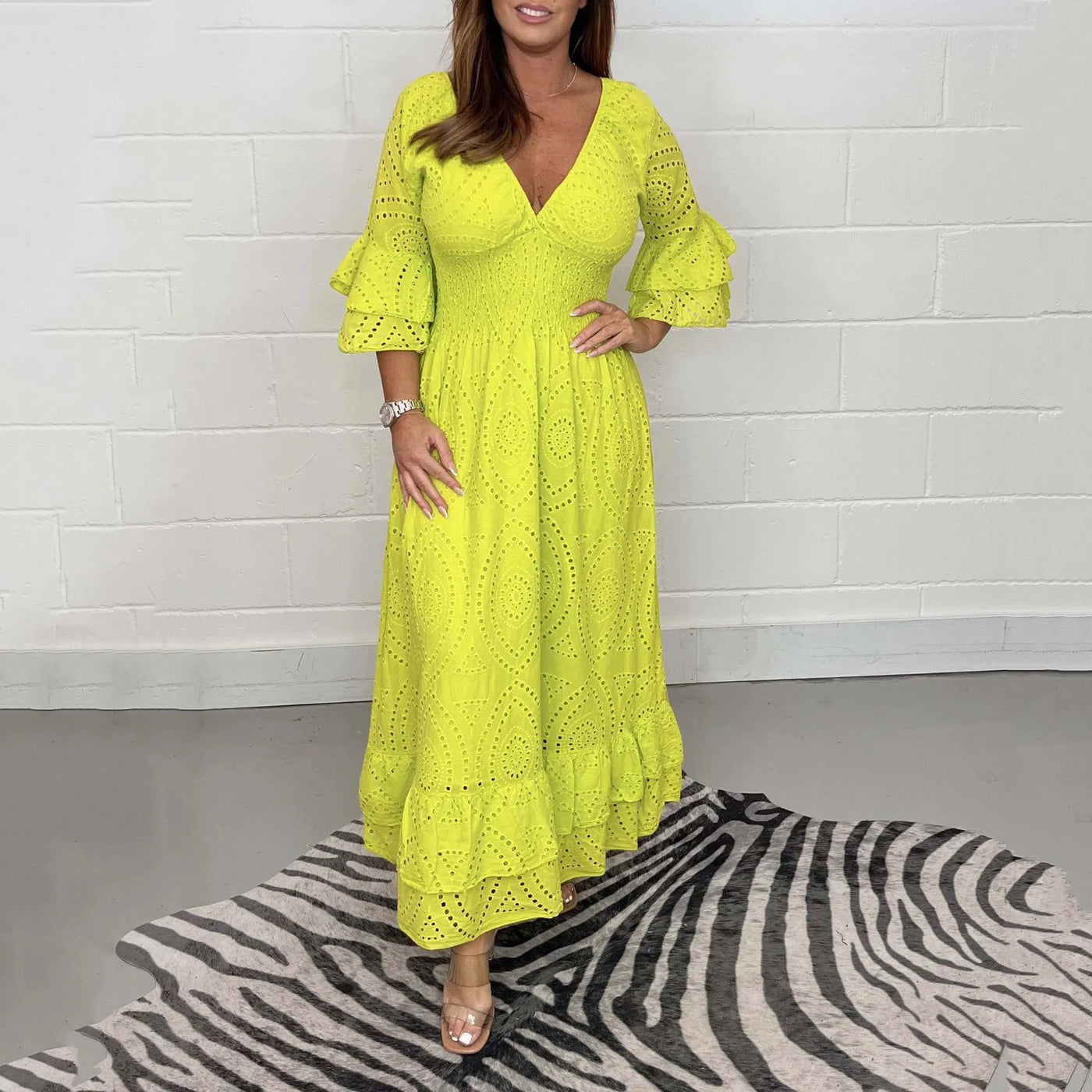 Altheora™ | High-Waist Embroidered Ruffle Midi Dress