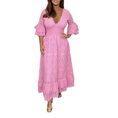 Altheora™ | High-Waist Embroidered Ruffle Midi Dress