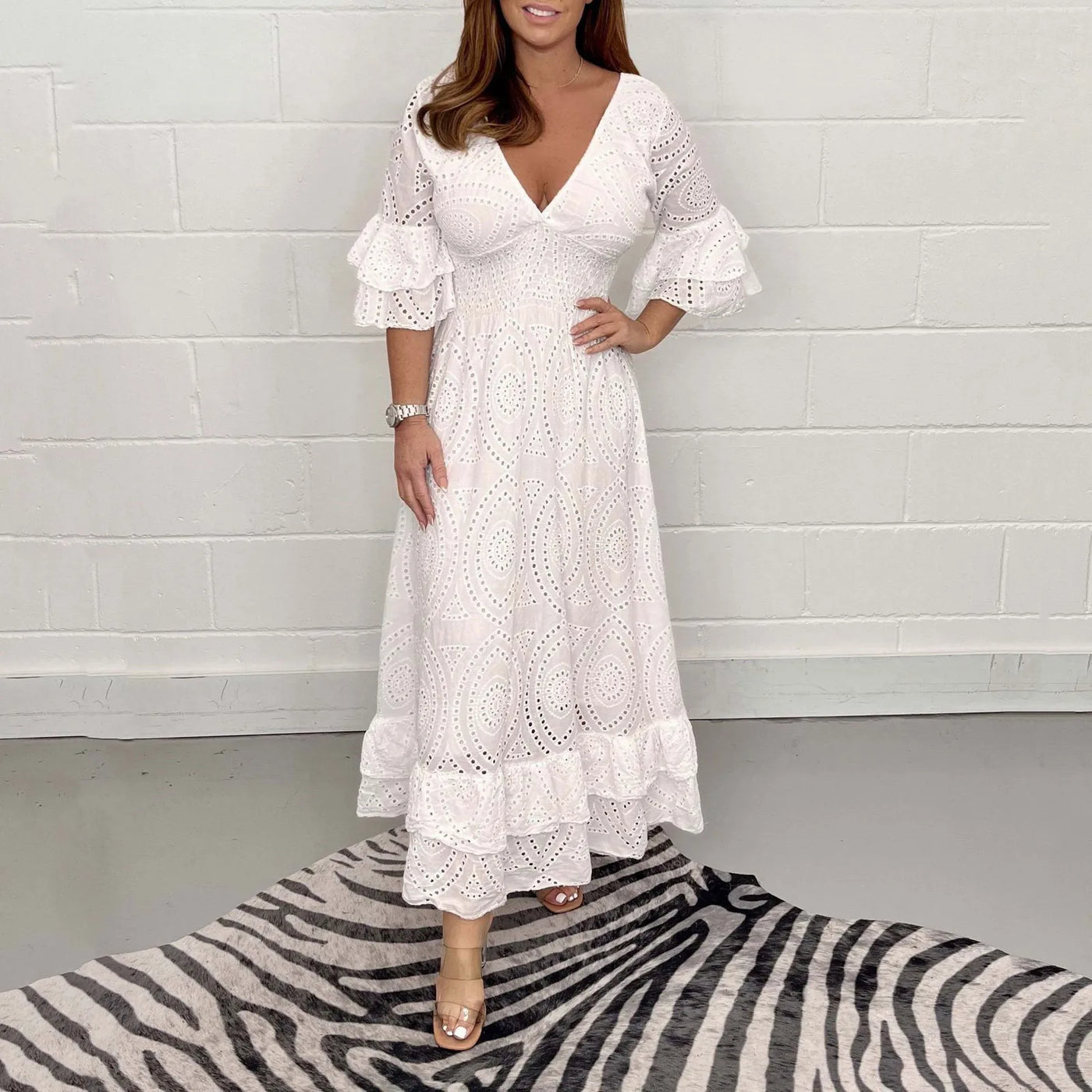 Altheora™ | High-Waist Embroidered Ruffle Midi Dress