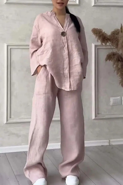 Solenyra™ | V-Neck Long Sleeve Top & Wide-Leg Pants Set