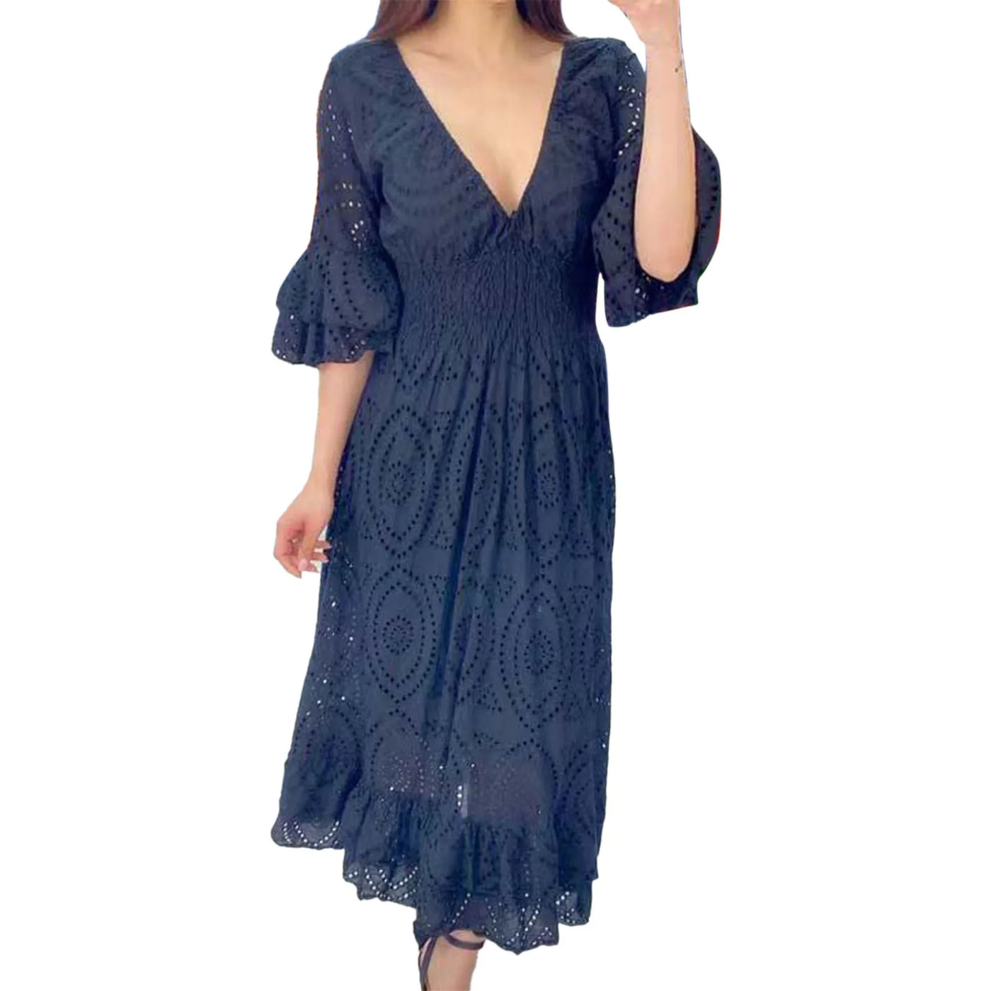 Altheora™ | High-Waist Embroidered Ruffle Midi Dress