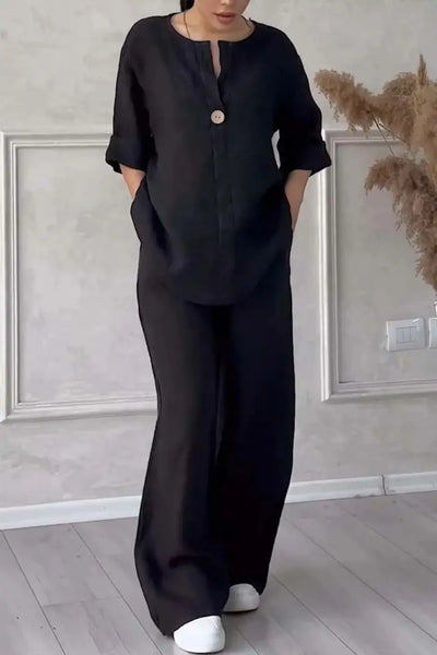 Solenyra™ | V-Neck Long Sleeve Top & Wide-Leg Pants Set