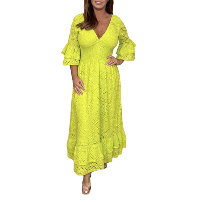 Altheora™ | High-Waist Embroidered Ruffle Midi Dress