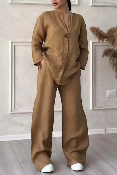 Solenyra™ | V-Neck Long Sleeve Top & Wide-Leg Pants Set