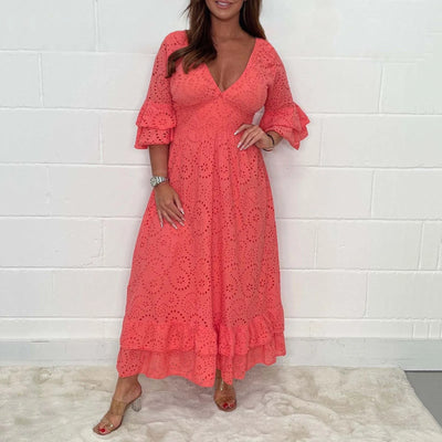 Altheora™ | High-Waist Embroidered Ruffle Midi Dress