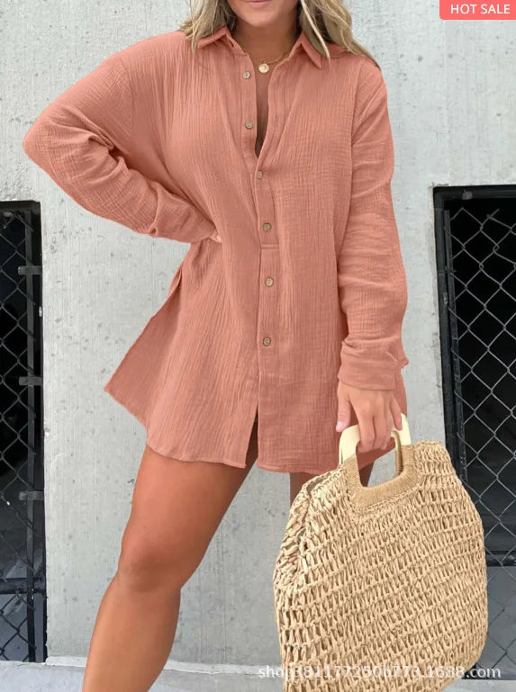 Solayne™ | Wrinkled Fabric High-Waist Shorts & Shirt Set