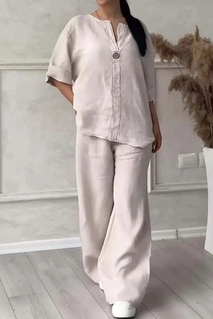 Solenyra™ | V-Neck Long Sleeve Top & Wide-Leg Pants Set