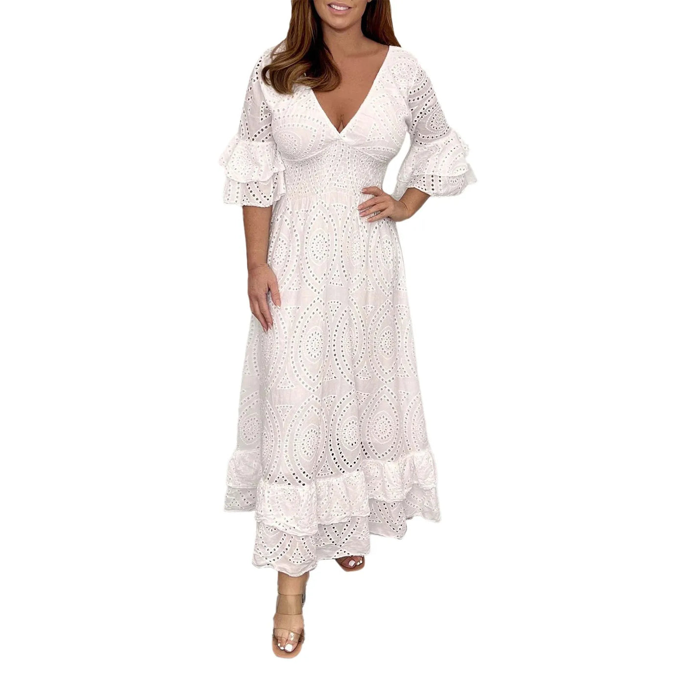 Altheora™ | High-Waist Embroidered Ruffle Midi Dress