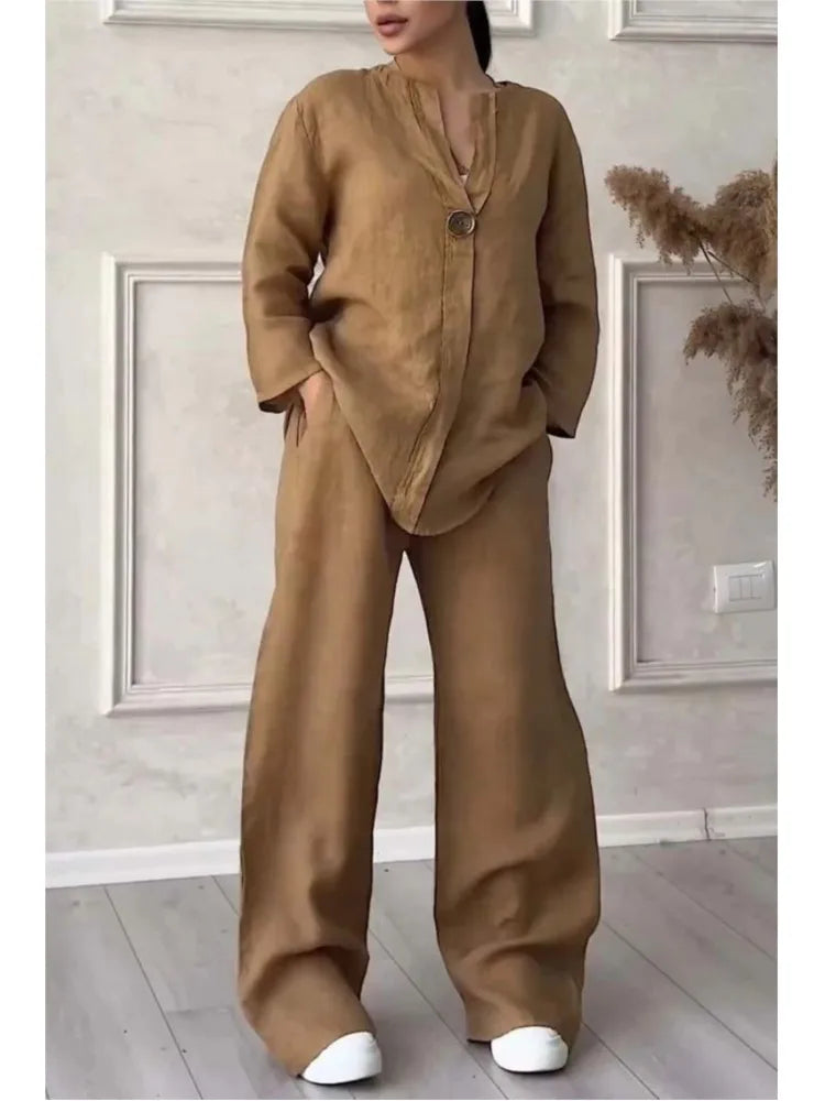 Solenyra™ | V-Neck Long Sleeve Top & Wide-Leg Pants Set