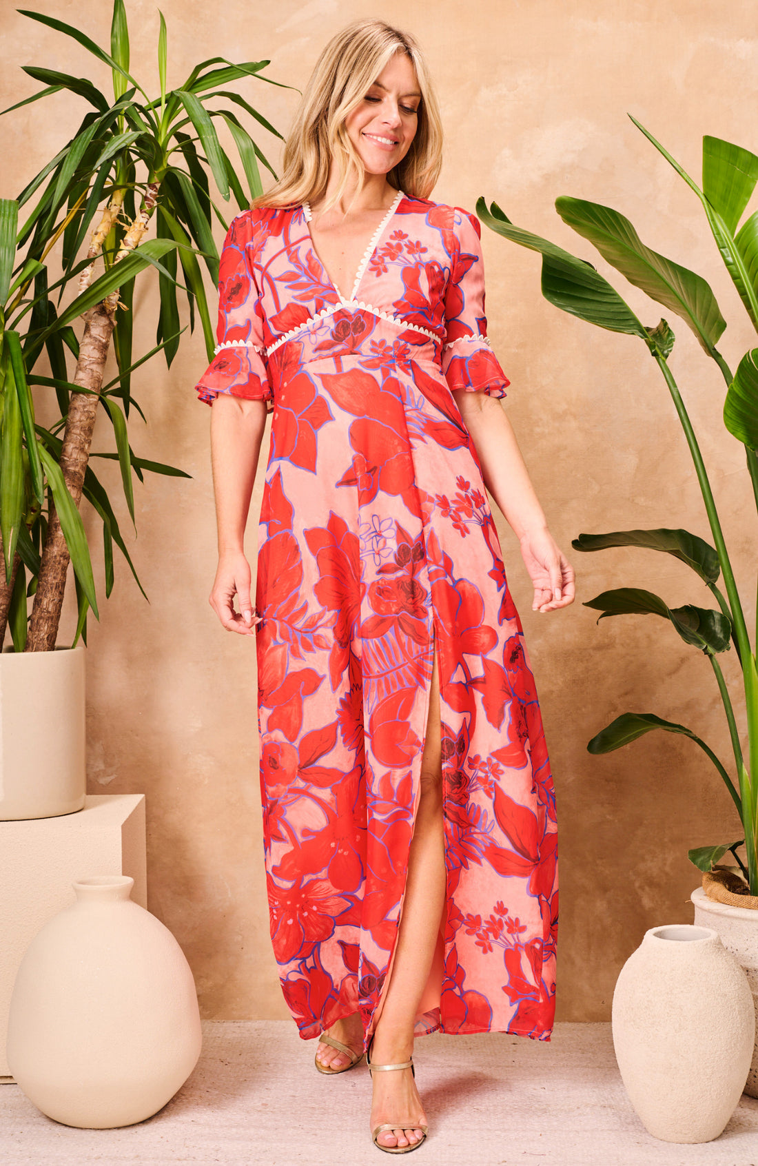 Amarise™ Frill‑Sleeve Open‑Back Maxi Dress