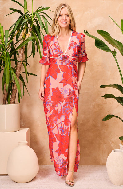 Amarise™ Frill‑Sleeve Open‑Back Maxi Dress