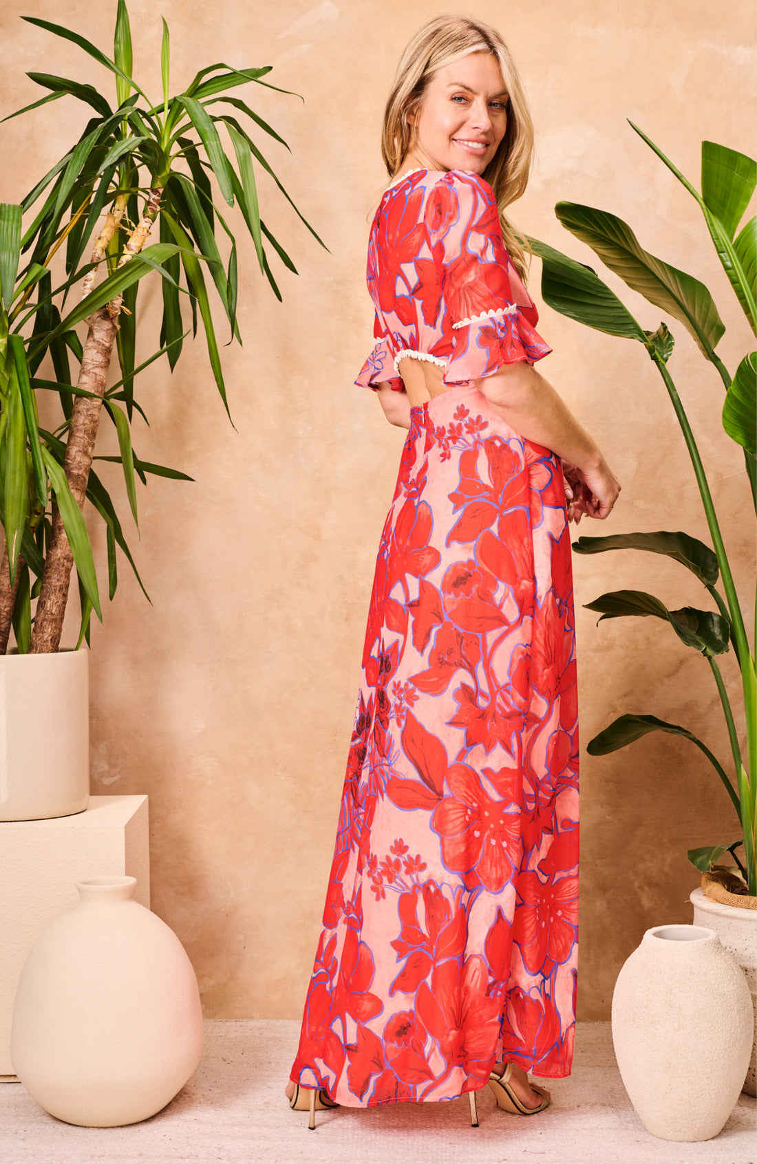 Amarise™ Frill‑Sleeve Open‑Back Maxi Dress