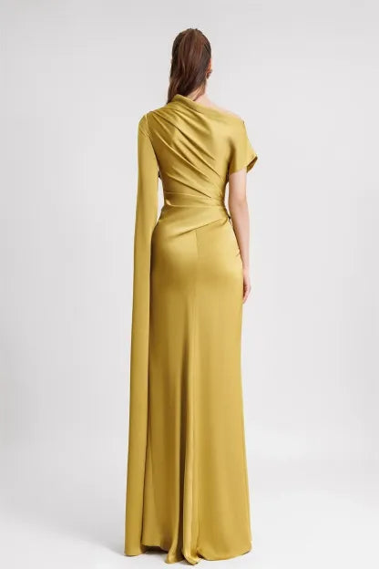 Celeste™ | Satin Asymmetrical Draped Maxi Dress