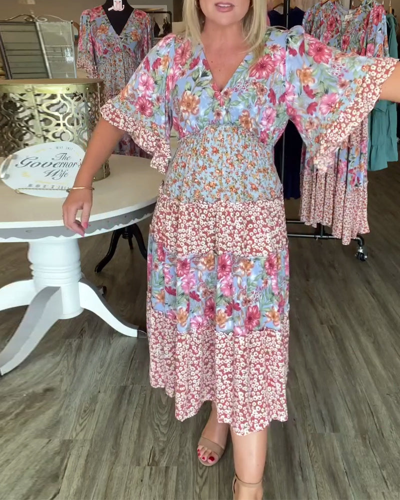 Liora™ | V-Neck Lotus Sleeve Floral Dress