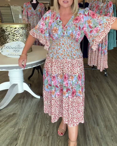 Liora™ | V-Neck Lotus Sleeve Floral Dress