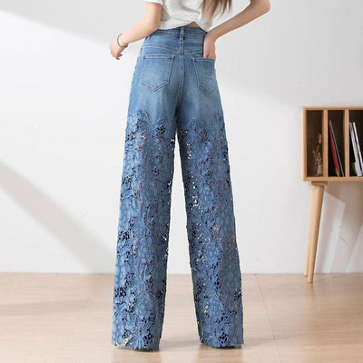 Solviette™ | High-Waisted Lace Panel Wide-Leg Denim Pants