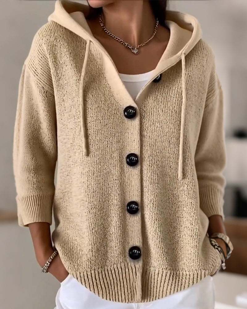Lunivra™ | Solid Hooded Button Cardigan