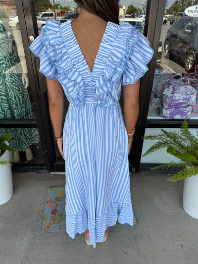 Pink Striped Ruffle Maxi Dress