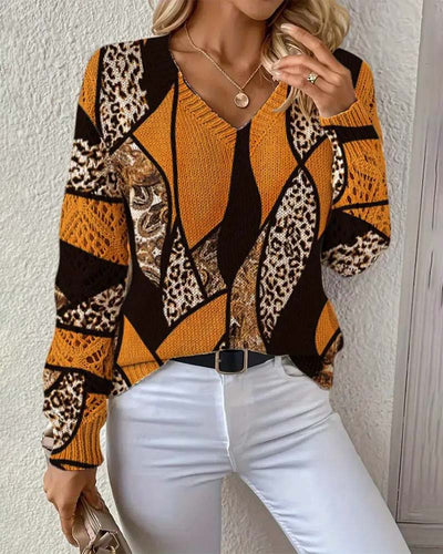 Savélle™ | V-Neck Hollow Leopard Print Pullover