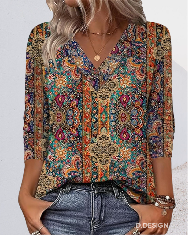 Marletta™ – Retro V-Neck Printed Blouse