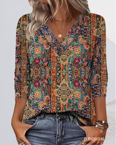 Marletta™ – Retro V-Neck Printed Blouse