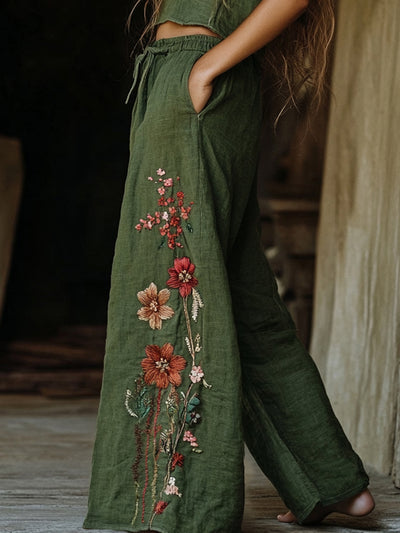 Women’s Retro Bohemian Floral Ethnic Print Linen Wide-Leg Pants