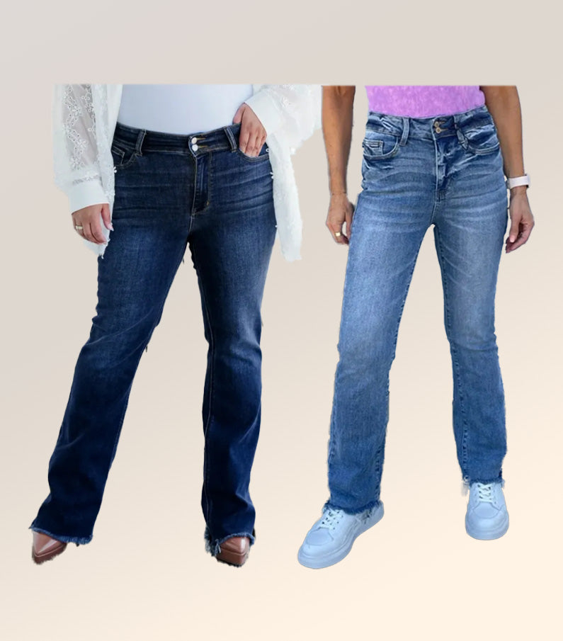 Veloura™ | Vintage Double-Button Frayed Hem Bootcut Jeans