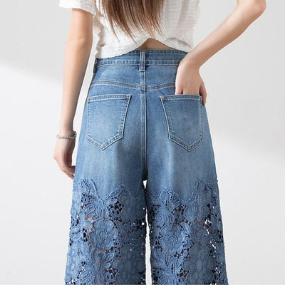 Solviette™ | High-Waisted Lace Panel Wide-Leg Denim Pants