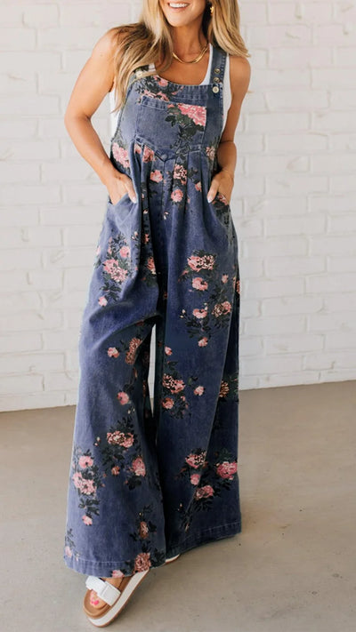Floral Wide Leg Denim Overalls