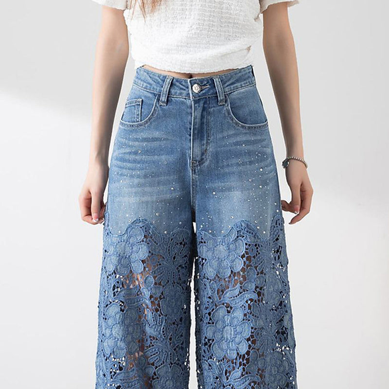 Solviette™ | High-Waisted Lace Panel Wide-Leg Denim Pants