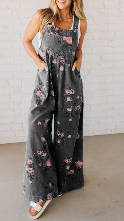 Floral Wide Leg Denim Overalls