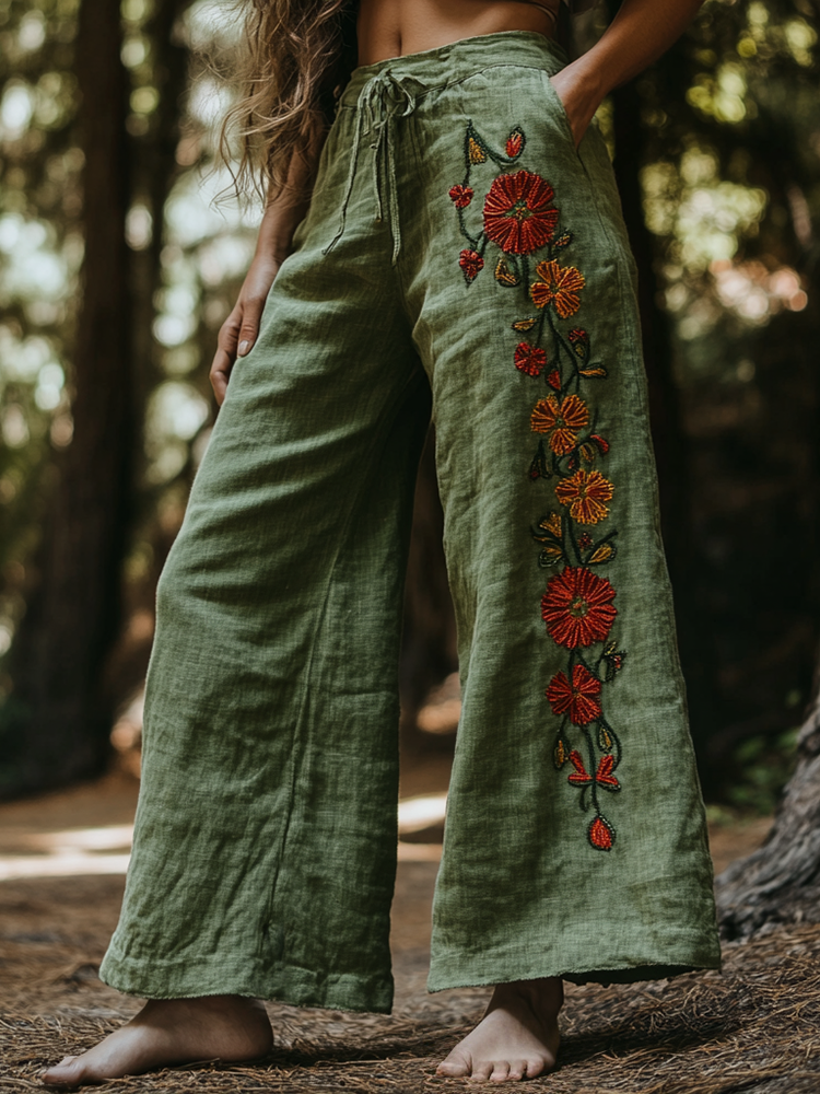 Bohemian Floral Print Linen Wide-Leg Pants