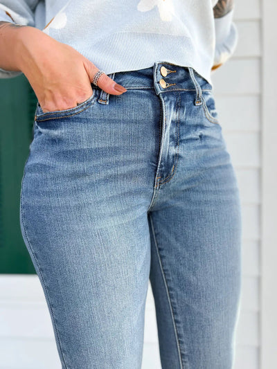 Veloura™ | Vintage Double-Button Frayed Hem Bootcut Jeans