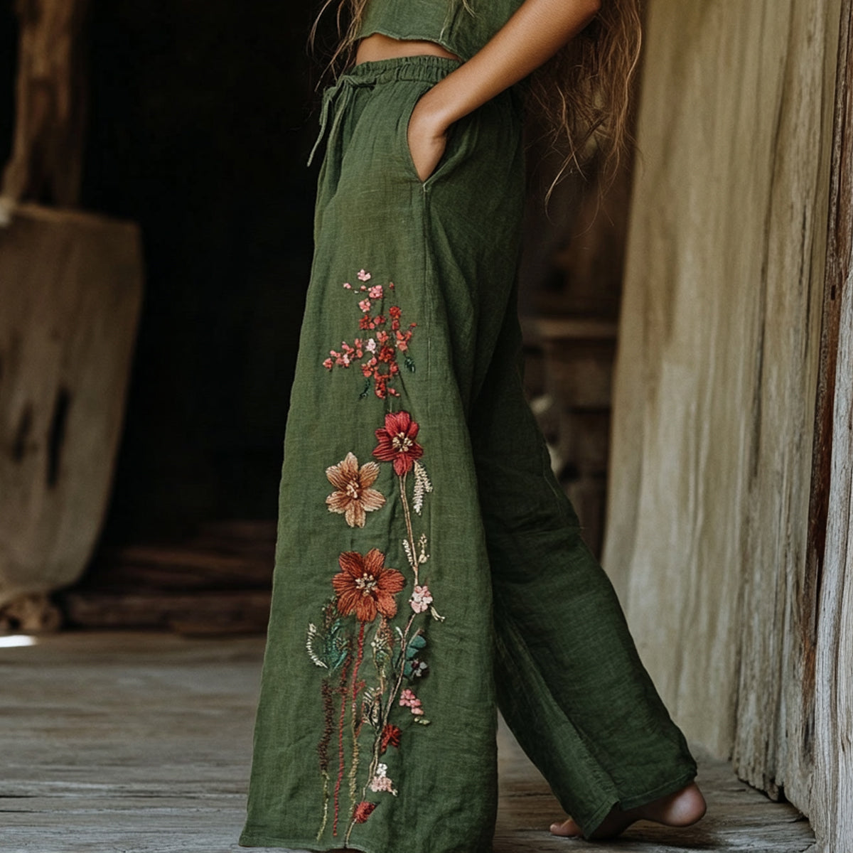 Women’s Retro Bohemian Floral Ethnic Print Linen Wide-Leg Pants