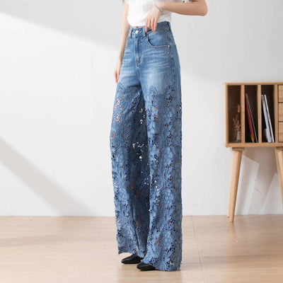 Solviette™ | High-Waisted Lace Panel Wide-Leg Denim Pants