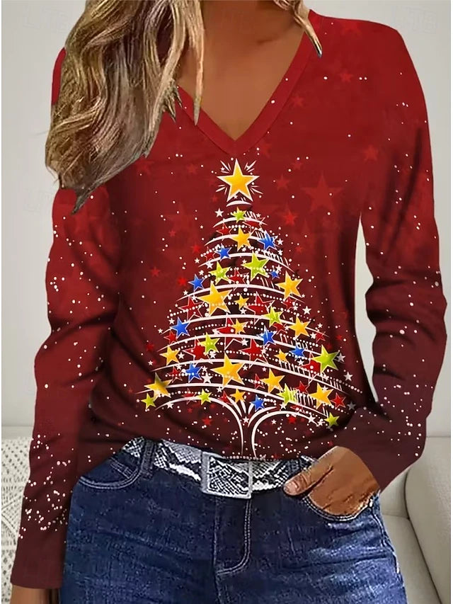 Élaina™ | Vintage Christmas Long Sleeve V-Neck Top