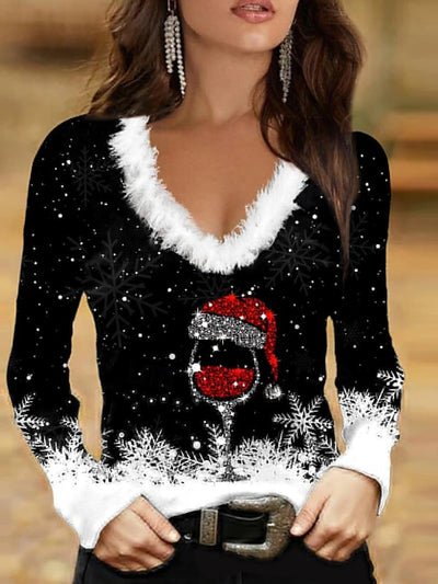 Marivelle™ | Festive Wine Glass V-Neck Blouse