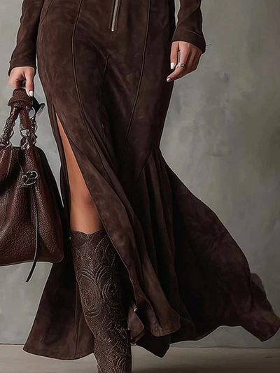 Cataina™ | Vintage Brown Maxi Dress with Belt