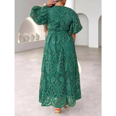 Élarisse™ | Lace V-Neck Puff Sleeve Midi Dress