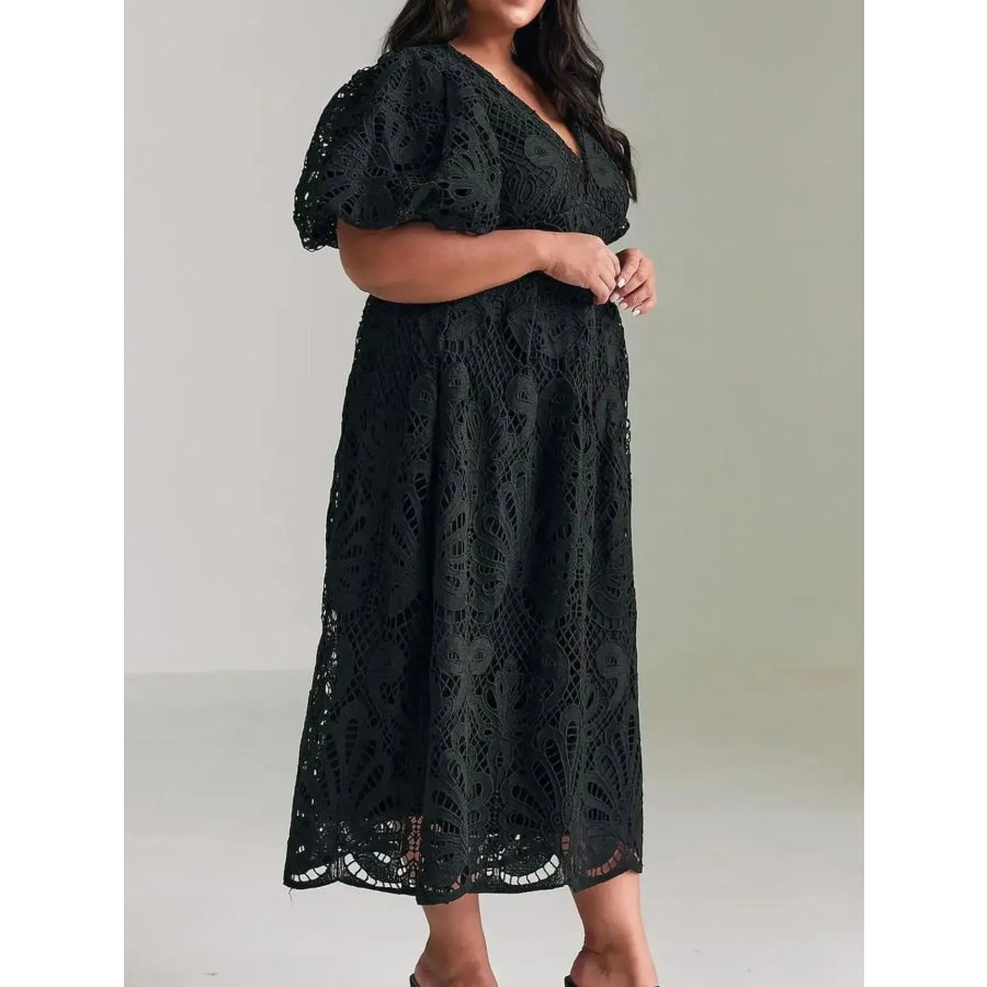 Élarisse™ | Lace V-Neck Puff Sleeve Midi Dress
