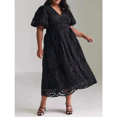 Élarisse™ | Lace V-Neck Puff Sleeve Midi Dress