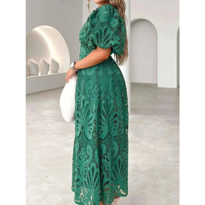 Élarisse™ | Lace V-Neck Puff Sleeve Midi Dress