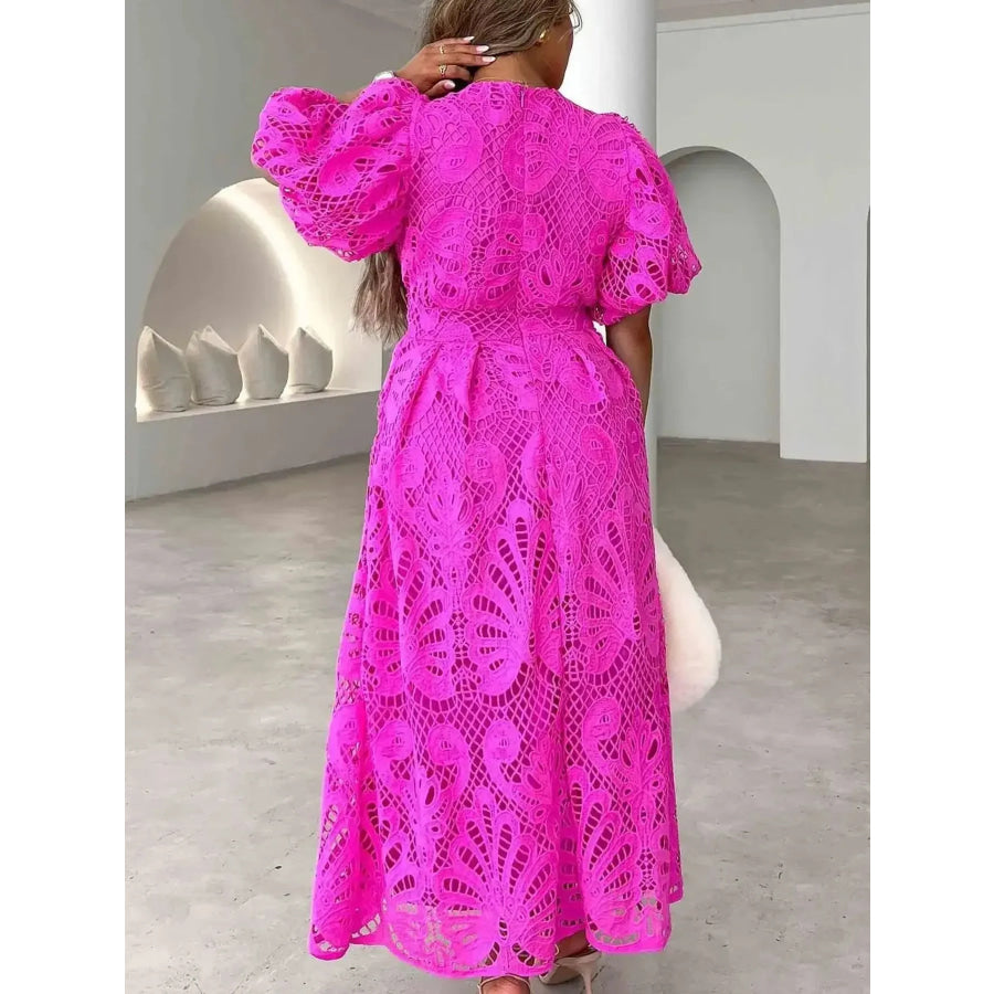 Élarisse™ | Lace V-Neck Puff Sleeve Midi Dress