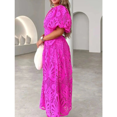 Élarisse™ | Lace V-Neck Puff Sleeve Midi Dress