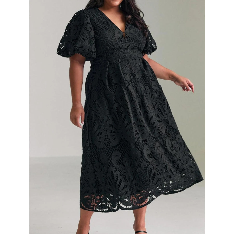 Élarisse™ | Lace V-Neck Puff Sleeve Midi Dress