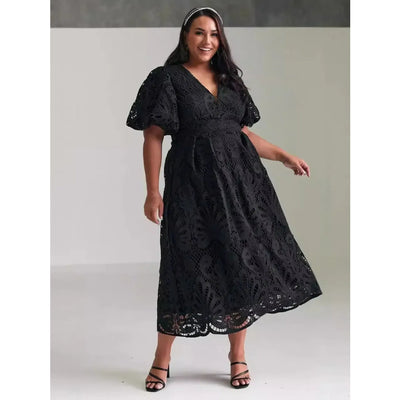 Élarisse™ | Lace V-Neck Puff Sleeve Midi Dress