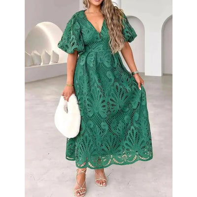Élarisse™ | Lace V-Neck Puff Sleeve Midi Dress