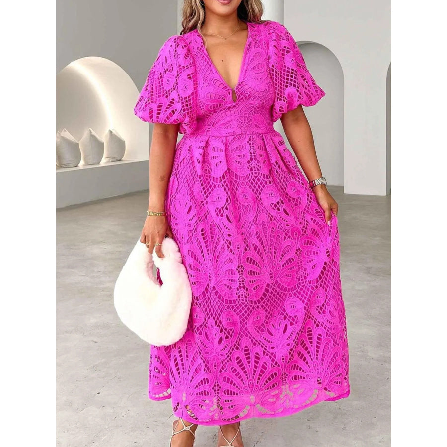 Élarisse™ | Lace V-Neck Puff Sleeve Midi Dress