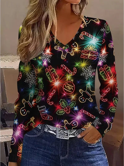 Élaina™ | Vintage Christmas Long Sleeve V-Neck Top
